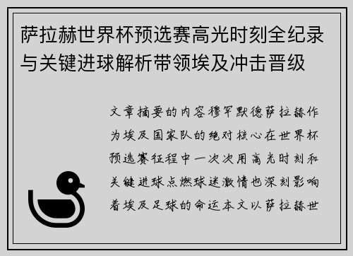 萨拉赫世界杯预选赛高光时刻全纪录与关键进球解析带领埃及冲击晋级
